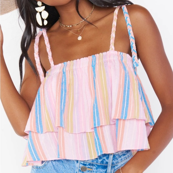 Show Me Your Mumu Klum Ruffle Tiered Braided Top in Paradise Stripe - Picture 1 of 6